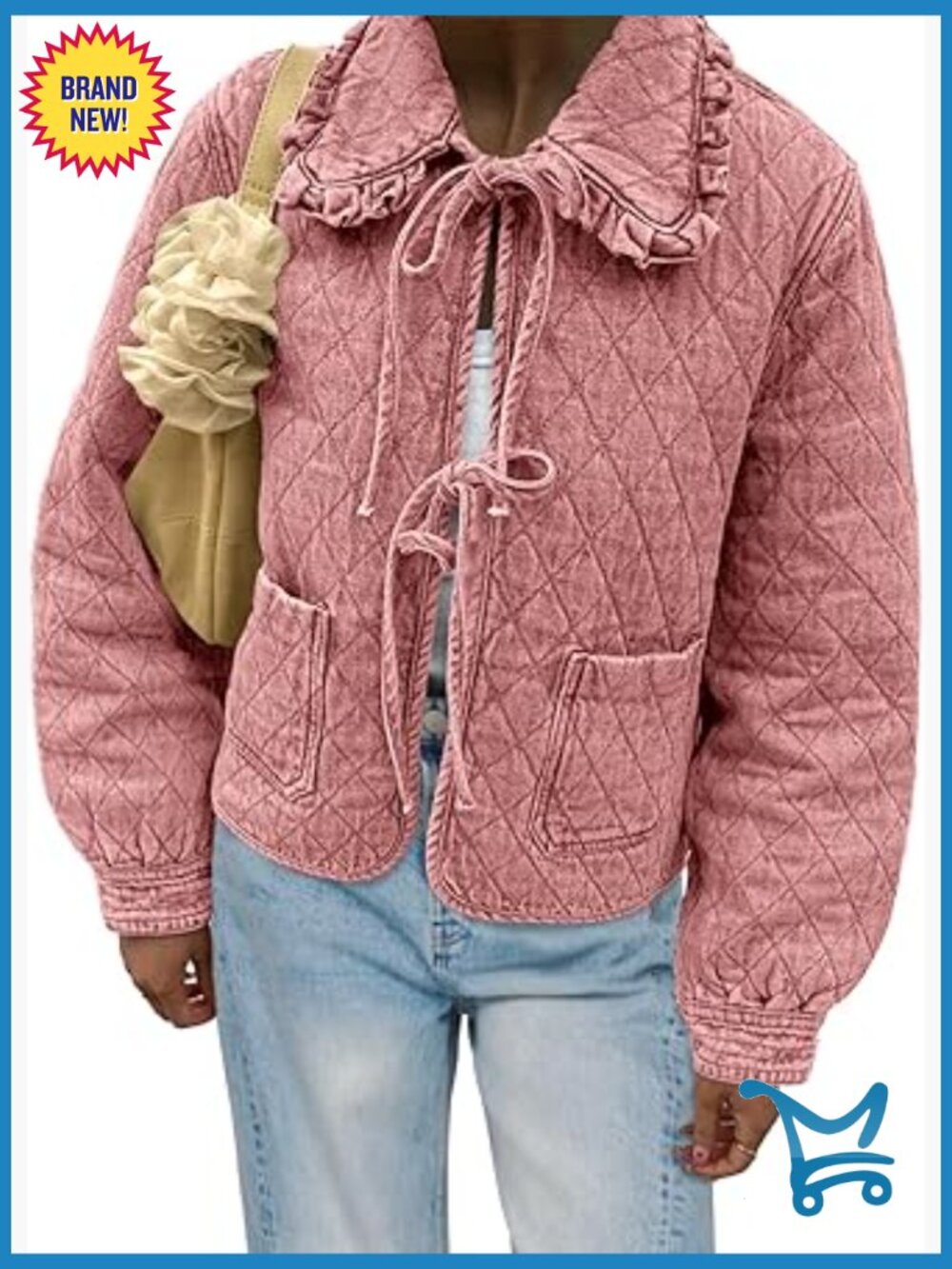 Quilted Denim Puffer Jacket Tie Front Bow Cropped Puffy Jacket Cute Short Coat